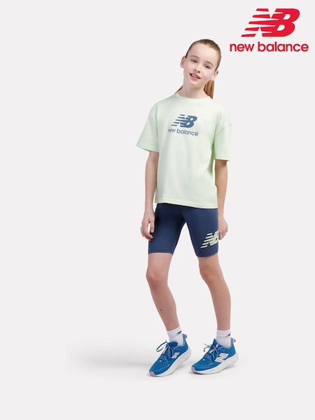 New Balance Green Kids Stacked Logo 100% Cotton T-Shirt & Cycle Shorts Set (F95719) | £40 - £48