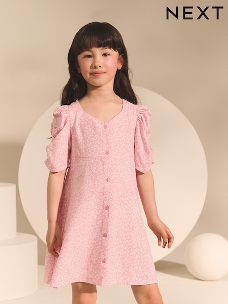 Pink Ditsy Shirred Sleeve Dress (3-16yrs) (F95721) | £15 - £20