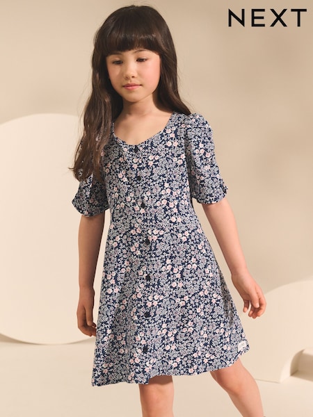 Navy Blue Ditsy Shirred Sleeve Dress (3-16yrs) (F95726) | £15 - £20