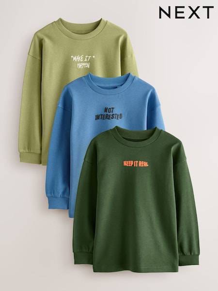 Blue/Green Graphic Relaxed Fit Long Sleeve Heavyweight T-Shirts 3 Pack (3-16yrs) (F95873) | £24 - £30