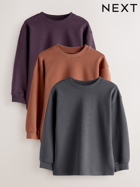 Charcoal/Berry/Tan Relaxed Fit Long Sleeve Heavyweight T-Shirts 3 Pack (3-16yrs) (F95874) | £24 - £30