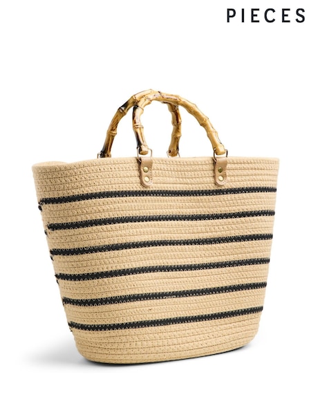 PIECES Brown Raffia Stripe 100% Cotton Beach Bag (F96024) | £32