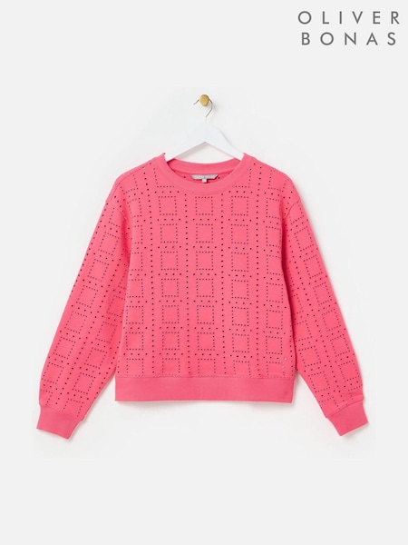Oliver Bonas Pink 100% Cotton Square Broderie Sweatshirt (F96139) | £60