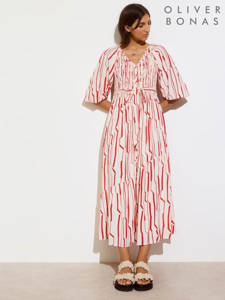 Oliver Bonas White Sicilian Striped V-Neck Ruched Midi Dress (F96147) | £80