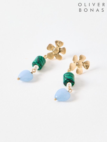 Oliver Bonas Green Analeigh Flower & Bead Drop Earrings (F96156) | £22