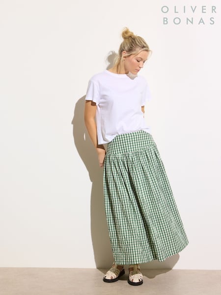 Oliver Bonas Green Gingham Basque Waist Midi Skirt (F96190) | £70