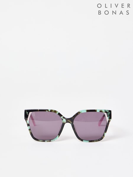 Oliver Bonas Green Faux Tortoiseshell Square Cat Eye Acetate Sunglasses (F96192) | £59.50