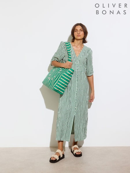 Oliver Bonas Green Gingham V-Neck Midi Dress (F96194) | £80