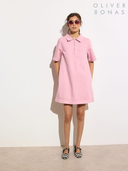 Oliver Bonas Pink 100% Cotton Washed  Denim Quarter Zip Mini Dress (F96200) | £75