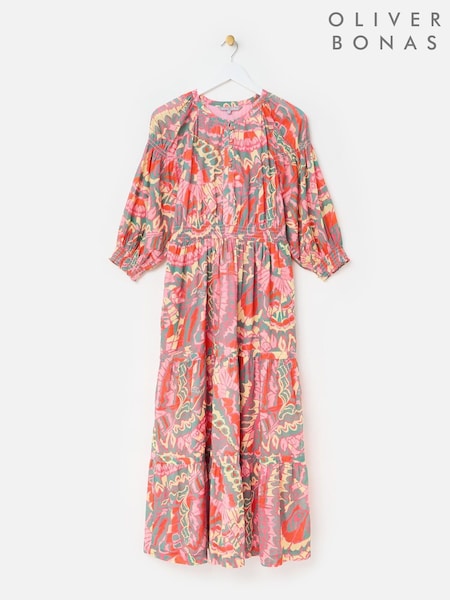 Oliver Bonas Pink Abstract Tiered Midi Dress (F96202) | £80