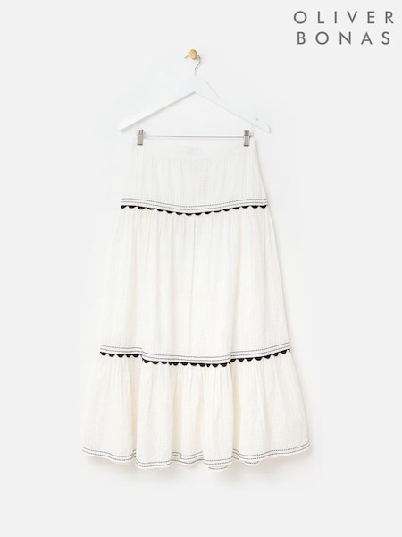 Oliver Bonas White 100% Cotton Rickrack Tiered Midi Skirt (F96210) | £75
