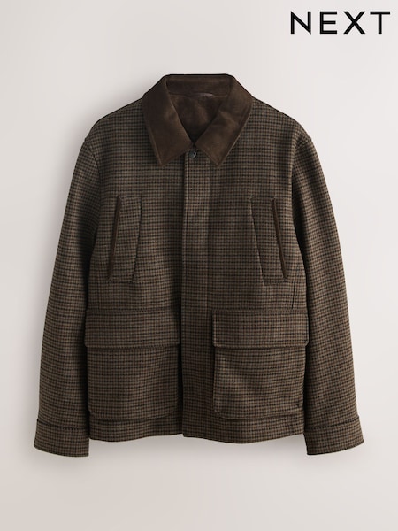 Brown Wool Blend Dogtooth Quilted Corduroy Collar Jacket (F96267) | £99