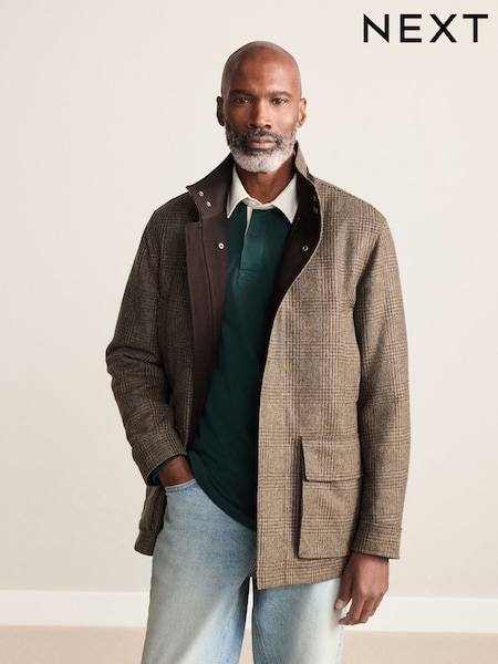Brown Check Wool Rich Four Pocket Funnel Neck Coat (F96270) | £159