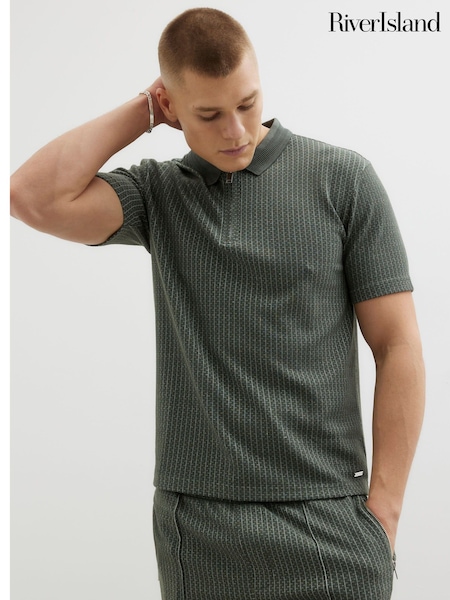 River Island Green Slim Fit Jacquard Zip Polo Shirt (F96320) | £32