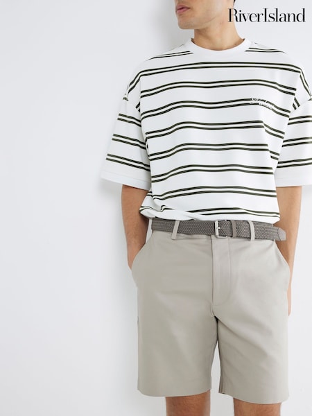 River Island Beige Belted Core Decal Chino Shorts (F96330) | £32