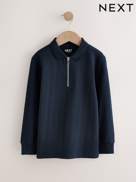 Navy Blue Zip Neck Textured Long Sleeve Polo Shirt (3-16yrs) (F96385) | £12 - £17