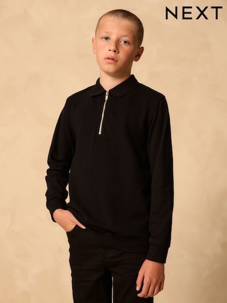 Black Zip Neck Textured Long Sleeve Polo Shirt (3-16yrs) (F96387) | £12 - £17