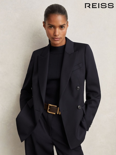 Reiss Navy Haisley Wool-Blend Double-Breasted Suit Blazer (F96457) | £250