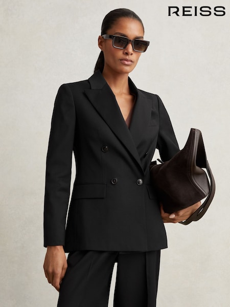 Reiss Black Haisley Wool-Blend Double-Breasted Suit Blazer (F96464) | £250