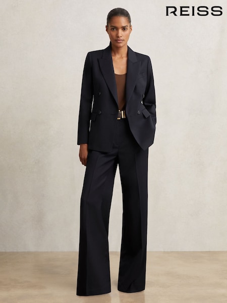 Reiss Navy Haisley Wool-Blend Double-Breasted Suit Blazer (F96466) | £250