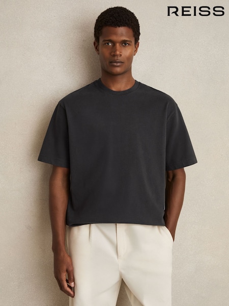 Reiss Washed Black Nomo Cotton Garment-Dyed Oversize T-Shirt (F96467) | £58
