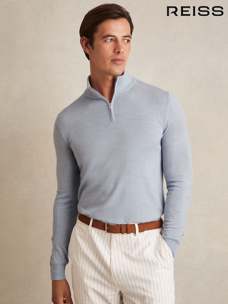 Reiss Soft Blue Blackhall Merino Wool Half-Zip Funnel Neck Jumper (F96470) | £98