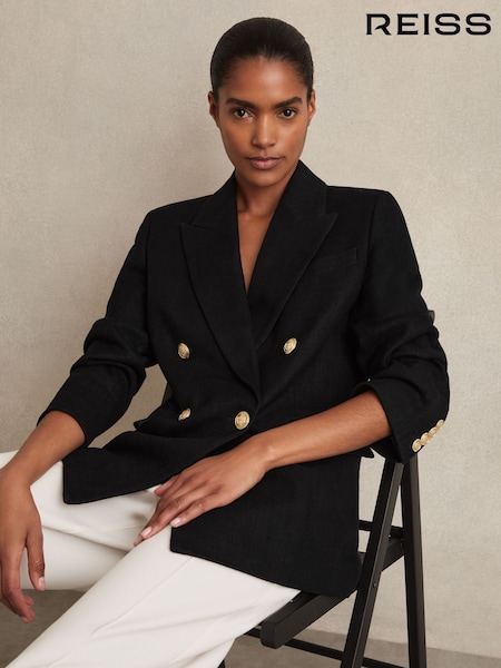 Reiss Black Eden Petite Oversized Double-Breasted Blazer Linen-Blend (F96473) | £0