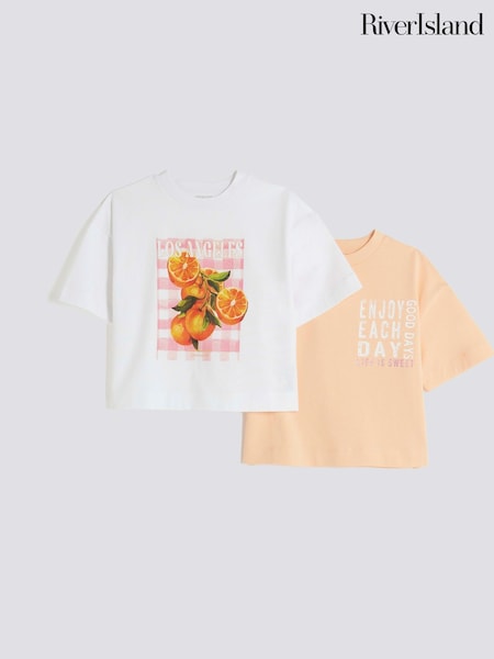 River Island Pink Girls Graphic Boxy 100% Cotton T-Shirts 2 Pack (F96532) | £16