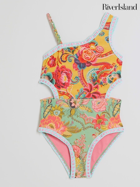 River Island Yellow Girls Cut Out Swimsuit (F96538) | £18