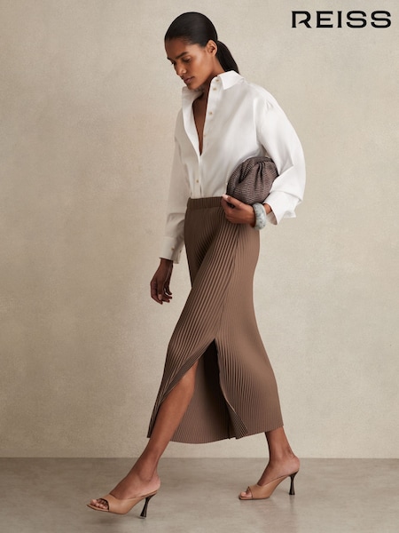 Reiss Chocolate Pippa Pleated Jersey Midi Skirt (F96645) | £98