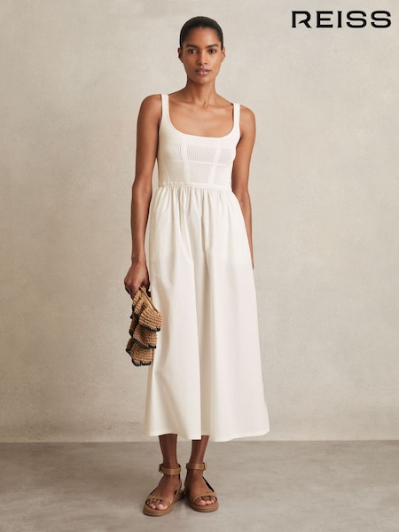 Reiss Ivory Kori Perforated-Knit Cotton-Skirt Midi Dress (F96646) | £198