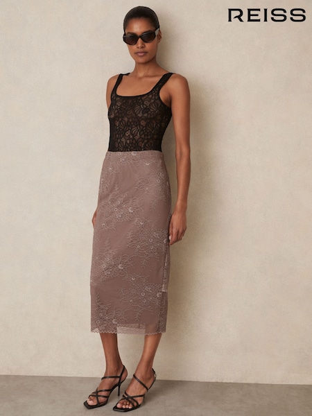 Reiss Taupe Brown Rita Lace Pencil Skirt (F96657) | £158