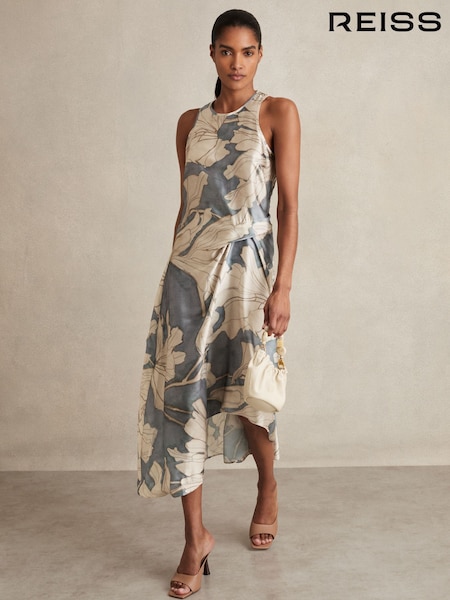 Reiss Blue Mieke Satin Floral Drape Midi Dress (F96658) | £180