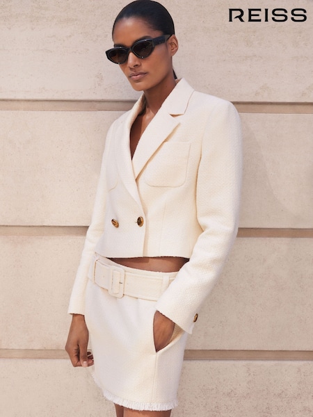 Reiss White Mia Bouclé Belted Mini Skirt With Wool and Cotton (F96669) | £110