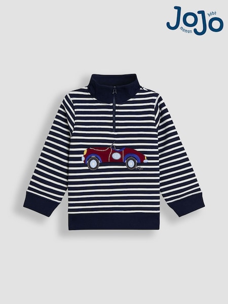 JoJo Maman Bébé Navy Blue Stripe Classic Car Appliqué Half-Zip Sweatshirt (F96693) | £25 - £28