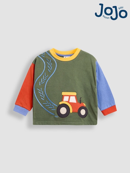 JoJo Maman Bébé Khaki Green Tractor Appliqué Top (F96714) | £17 - £20