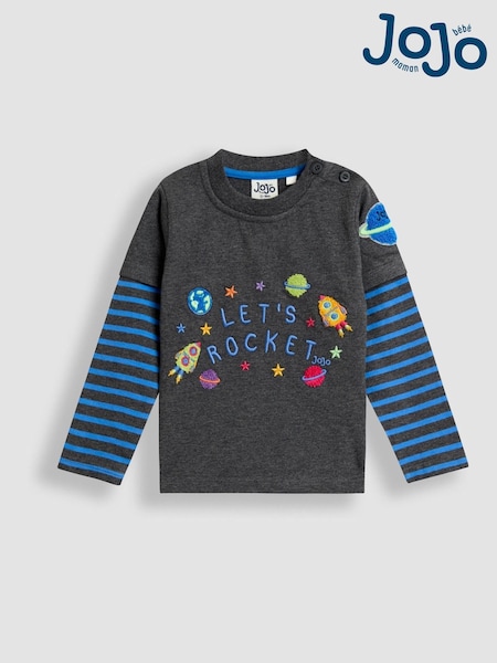 JoJo Maman Bébé Charcoal Grey Rocket Mock Sleeve Appliqué Top (F96746) | £17 - £20