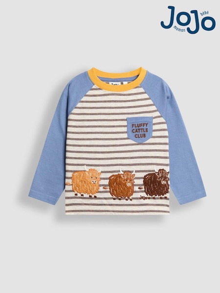 JoJo Maman Bébé Blue Highland Cow Appliqué & Embroidered Pocket Top (F96765) | £15 - £18