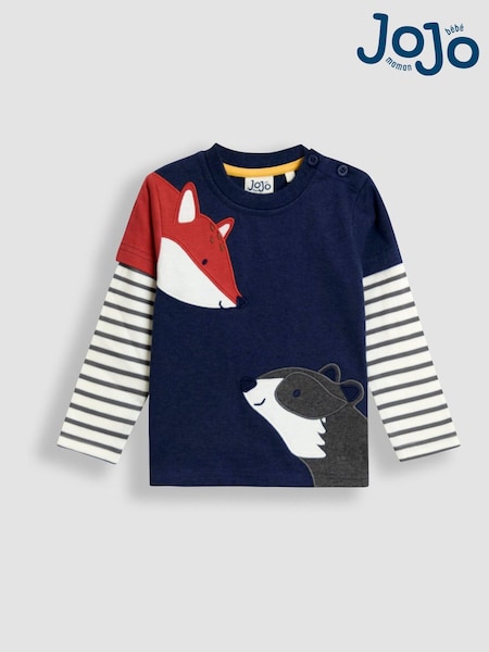 JoJo Maman Bébé Navy Blue Fox & Badger Mock Sleeve Appliqué Top (F96778) | £17 - £20