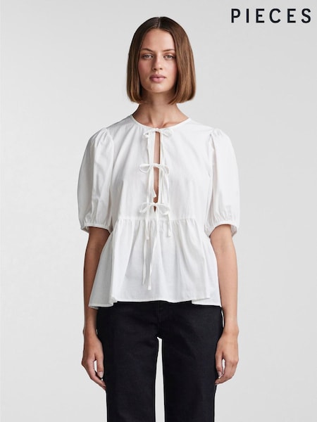 PIECES White Puff Sleeve Tie Front 100% Cotton Top (F96806) | £32