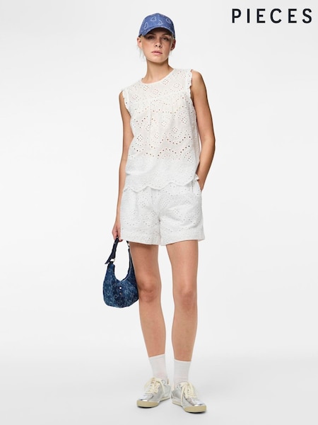 PIECES White 100% Cotton Sleeveless Broderie Anglaise Top (F96820) | £26