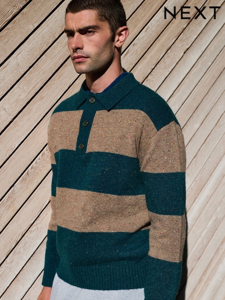 Teal Blue/Brown Relaxed Fit Neppy Stripe Knitted Rugby Polo Shirt (F96827) | £42
