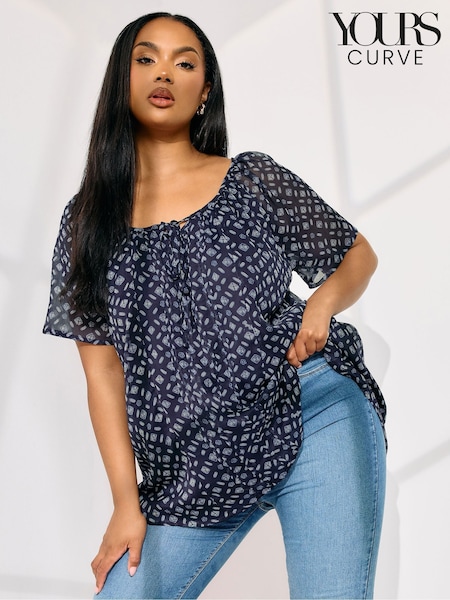 Yours Curve Blue Boho Pintuck Blouse (F96910) | £31