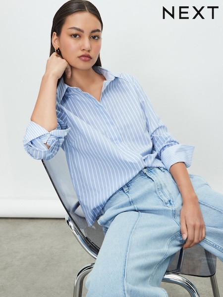 Blue/White Stripe Fitted Stretch Essential Long Sleeve Shirt (F96950) | £20