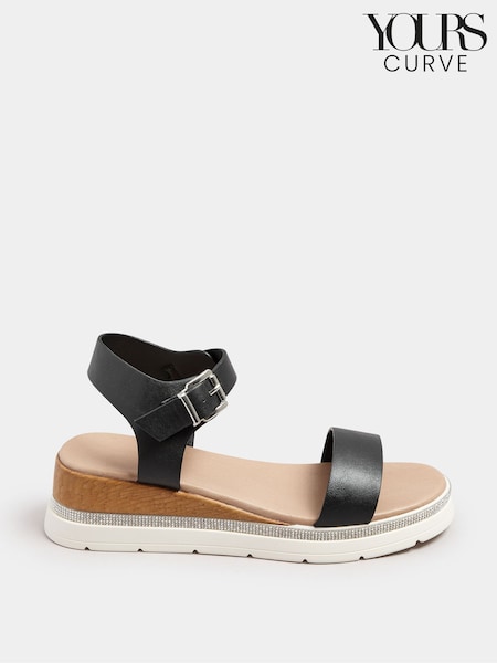 Yours Curve Black Extra Wide Fit Wide Fit Flatform Gem Sandals (F96977) | £34
