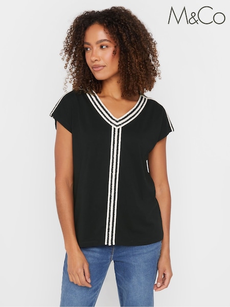 M&Co Black Embroidery Trim V-Neck 100% Cotton Top (F96978) | £23
