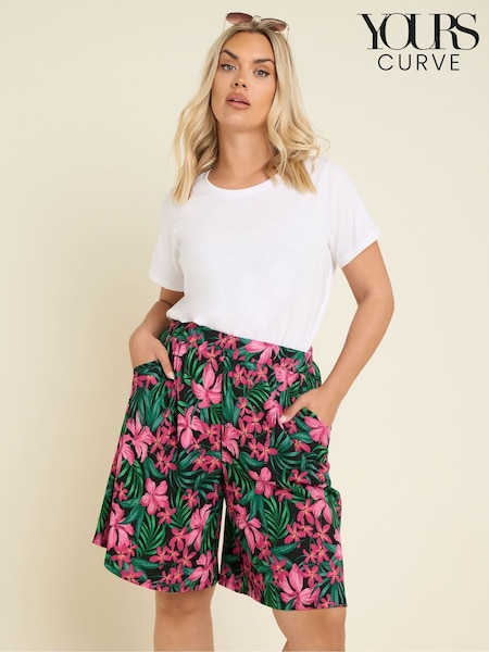 Yours Curve Green Floral Print Crinkle Jersey Shorts (F96992) | £22