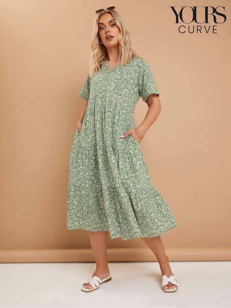 Yours Curve Green Tiered 100% Cotton Dress (F97005) | £34