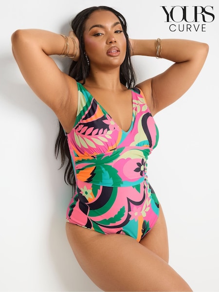 Yours Curve Pink Floral Plunge Swimsuit (F97018) | £36