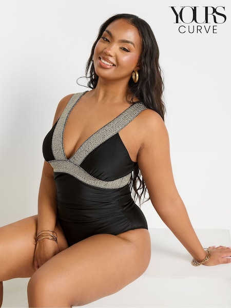 Yours Curve Black Metallic Tape Plunge Swimsuit (F97067) | £39